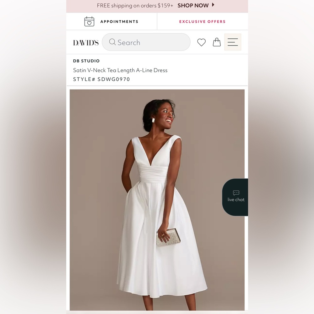 David's Bridal Ivory Satin V-Neck A-Line Dress w/POCKETS